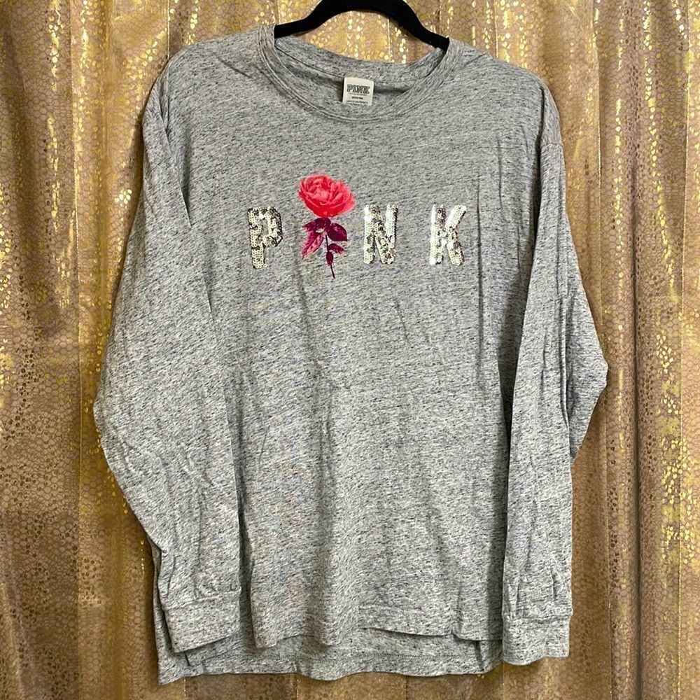 PINK Victoria’s Secret campus long sleeve, gray/rose with silver sequin bling M